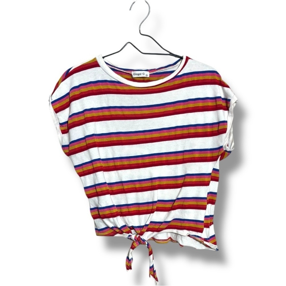Ginger G Red/White Multicolor Dolman Sleeve Tie Front Crewneck Cropped Tee - Picture 12 of 15
